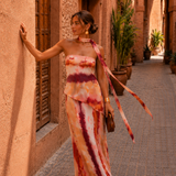 Long printed dress with off-the-shoulder neckline