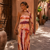 Long printed dress with off-the-shoulder neckline