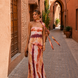 Long printed dress with off-the-shoulder neckline