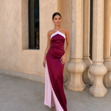 Long satin dress with cross neckline