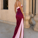 Long satin dress with cross neckline