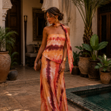Long printed dress with off-the-shoulder neckline