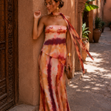 Long printed dress with off-the-shoulder neckline