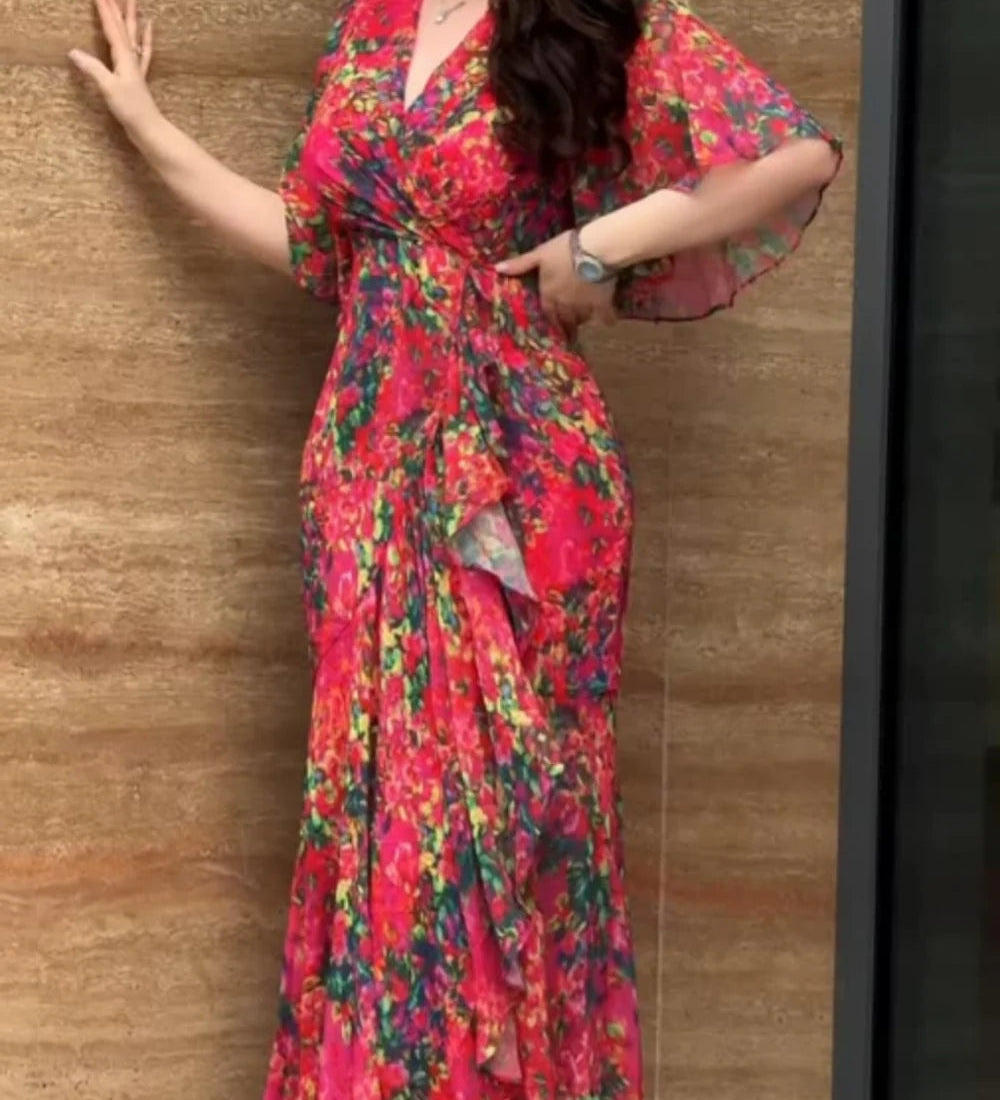 Ivora Retro V-Neck Trumpet Sleeve Printed Midi Dress