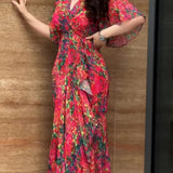 Ivora Retro V-Neck Trumpet Sleeve Printed Midi Dress