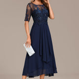 Adeline Navy Lace Round Neck Short Sleeve Dress
