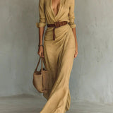 Savina Lapel Long Sleeve Belted Maxi Dress