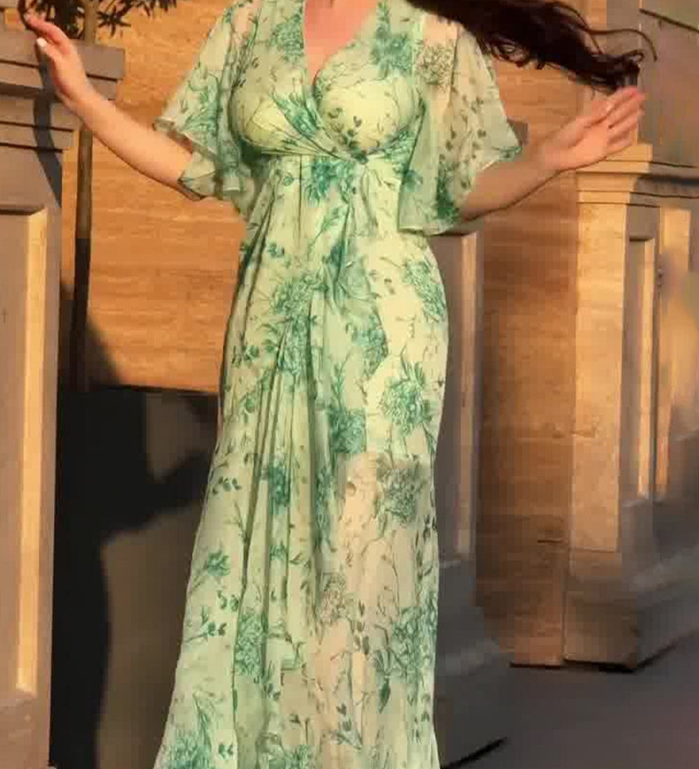 Ivora Retro V-Neck Trumpet Sleeve Printed Midi Dress