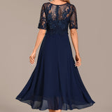 Adeline Navy Lace Round Neck Short Sleeve Dress