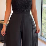 Harlow Crew-Neck Textured-Panel Jumpsuit