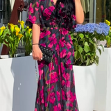 Ivora Retro V-Neck Trumpet Sleeve Printed Midi Dress