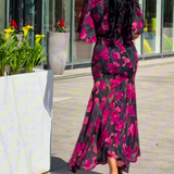 Ivora Retro V-Neck Trumpet Sleeve Printed Midi Dress