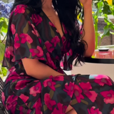 Ivora Retro V-Neck Trumpet Sleeve Printed Midi Dress