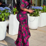 Ivora Retro V-Neck Trumpet Sleeve Printed Midi Dress