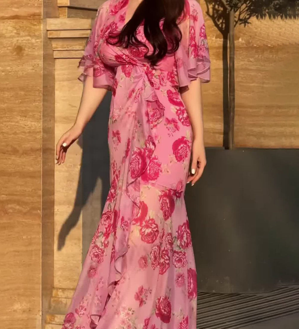 Ivora Retro V-Neck Trumpet Sleeve Printed Midi Dress
