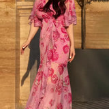 Ivora Retro V-Neck Trumpet Sleeve Printed Midi Dress