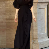 Ivora Retro V-Neck Trumpet Sleeve Printed Midi Dress