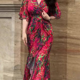 Ivora Retro V-Neck Trumpet Sleeve Printed Midi Dress
