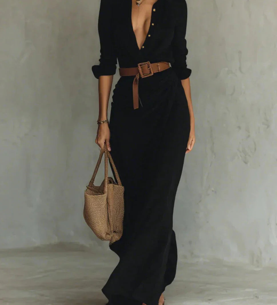 Savina Lapel Long Sleeve Belted Maxi Dress