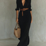 Savina Lapel Long Sleeve Belted Maxi Dress