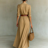 Savina Lapel Long Sleeve Belted Maxi Dress